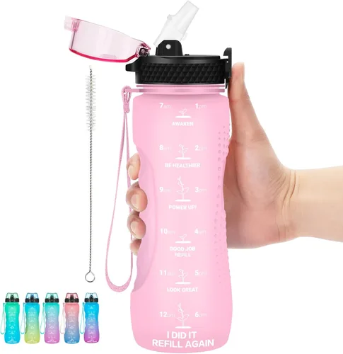 Miniatura 18 de Botella de agua motivacional para niños de 24 onzas con marcador de tiempo, tapa de pajilla, a prueba de fugas, botella de agua deportiva Tritan sin