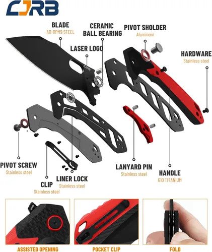 Miniatura 4 de CJRB - Navaja de bolsillo plegable Caldera (J1923), con hoja de acero AR-RPM9 en polvo rojo, mango G10, para hombres, EDC, camping, senderismo, aire