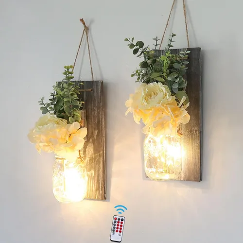 Miniatura 13 de Decoración rústica de madera para colgar en la pared con tira de luces LED para sala de estar y dormitorio modernos, estilo campestre inspirador