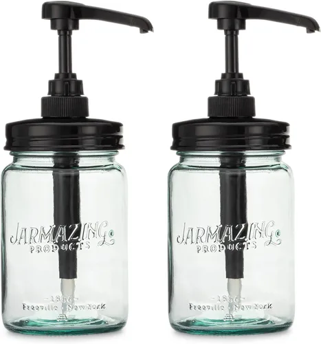 Jarmazing Products - Dosificador de jarabe y condimentos vintage en frasco de vidrio azul Mason – Paquete de dos unidades