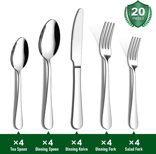 Miniatura 2 de ENLOY - Juego de cubiertos de 20 piezas de acero inoxidable, juego de cubiertos de cocina para 4, incluye cuchara tenedor y cuchillo, pulido