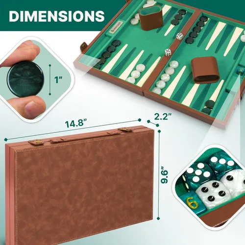 Miniatura 6 de Juego de backgammon premium de 15 pulgadas para adultos – Tablero clásico de backgammon de gamuza sintética con 32 fichas, vasos para dados y cubo