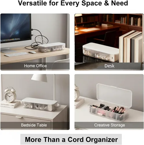 Miniatura 9 de Caja organizadora de cables con 7 bridas para cables, paquete de 2 cajas de almacenamiento de gestión de cables de escritorio con tapa, 7
