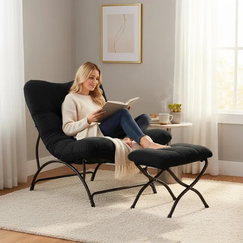 Miniatura 2 de Tiita - Silla acentuada perezosa con otomana, cómoda silla de ocio con estructura metálica y tela de felpa, silla reclinable acogedora con asiento