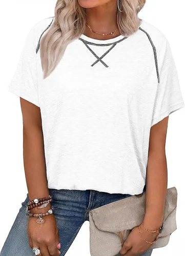 Miniatura 116 de Eytino Blusas de talla grande para mujer, cuello en V, manga corta, a rayas, casual, holgada, con bolsillo (1X-5X)