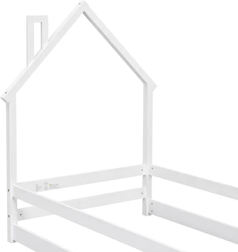 Miniatura 9 de Cama de madera de tamaño individual con cabecera en forma de casa con vallas, altura baja al suelo, para dormitorio de niños y niñas (azul claro-01)