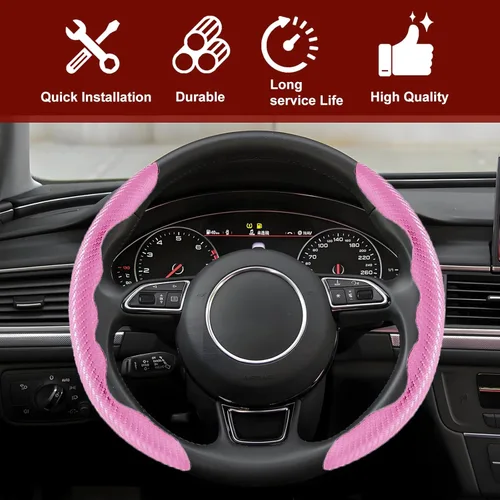Miniatura 5 de Funda universal de fibra de carbono para volante, protector segmentado para volante, cubierta antideslizante de fibra de carbono para volante de Rosa