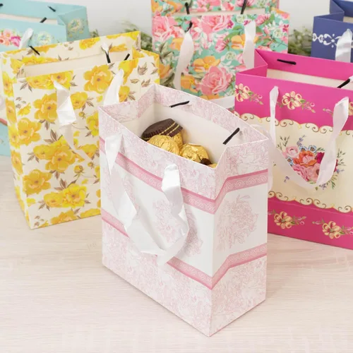 Miniatura 4 de Efavormart - Paquete de 12 bolsas de regalo de fiesta de té floral vintage de 6 x 7 x 3 pulgadas, bolsas de papel con asas de cinta para recuerdos