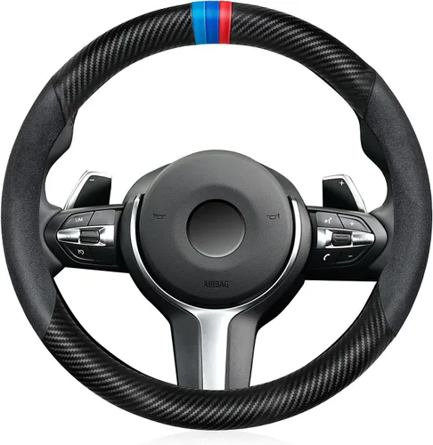 Miniatura 6 de Funda para volante de fibra de carbono, antideslizante y absorbente de sudor, fundas para volante de 15" para X5 X3, para hombres y mujeres, negra