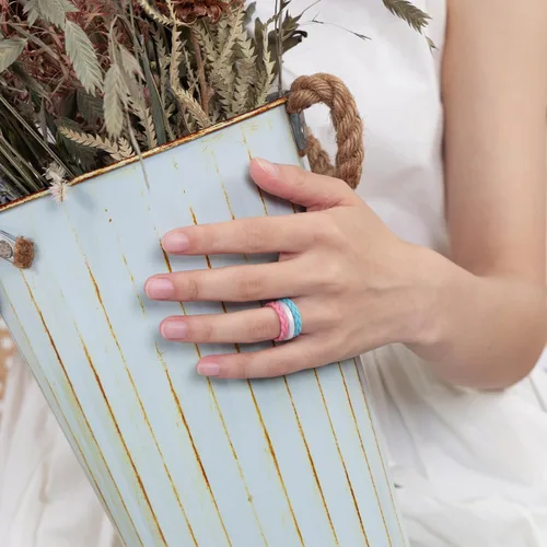 Miniatura 80 de Egnaro Anillos de boda de silicona para ella, conjuntos de novia de goma para mujer, bandas finas, diseño trenzado de hojas apilables con ranuras