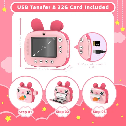 Miniatura 7 de Cámara instantánea para niños, cámara de impresión instantánea de 2.5 K sin tinta, tarjeta de 32 GB, selfie y video de 1080P, regalo de juguete rosa