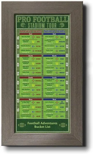 Rastreador de lista de deseos de estadios de fútbol, marco gris de madera de granero, 13.5 pulgadas x 23.5 pulgadas, pin your football stadium