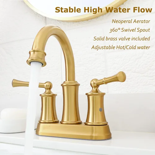 Miniatura 4 de Grifo de baño de oro cepillado de 4 pulgadas, grifo de baño de 2 manijas de 3 agujeros, grifo de baño de latón antiguo con manguera de suministro