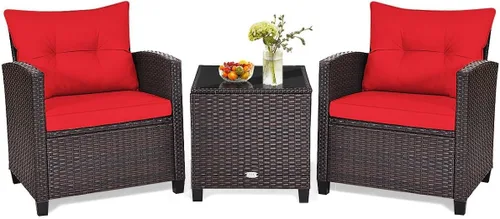 HAPPYGRILL Juego de 3 piezas de conversación para patio, juego de muebles de exterior de ratán de polietileno con cojines extraíbles, sillas de