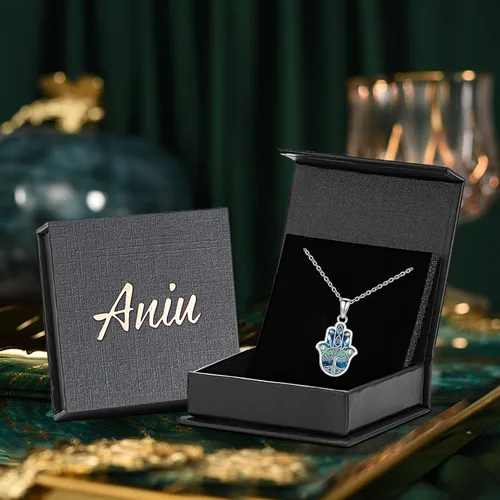 Miniatura 38 de Aniu Joyería de plata de ley 925 Hamsa de Fátima para mujer con circonita cúbica, viene con caja de regalo negra