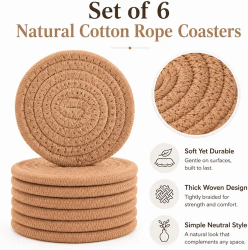 Miniatura 7 de ABenkle Juego de 6 posavasos tejidos para bebidas, posavasos absorbentes bohemios, 4.3 pulgadas, regalo perfecto para inauguración de la casa, Marrón