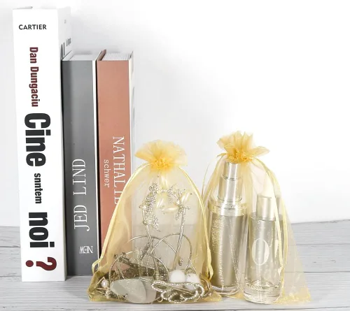 Miniatura 6 de HRX Package 100 bolsas de organza doradas, 5 x 7 pulgadas, malla con cordón, bolsas de regalo, bolsas de joyería para dulces de Navidad, recuerdos
