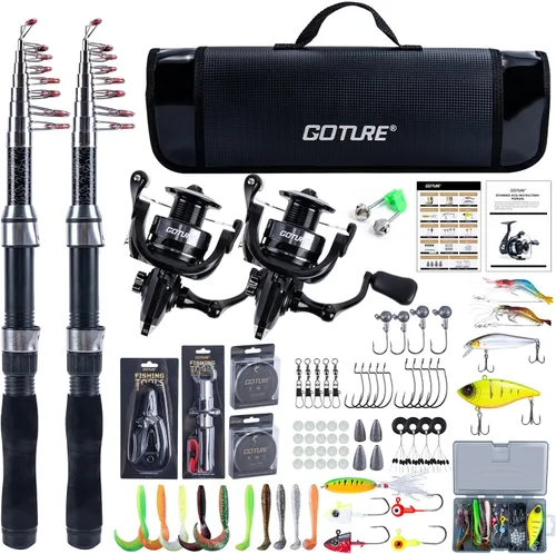 Goture Combos de caña de pescar y carrete - 2 piezas de caña telescópica + 2 piezas de carretes giratorios precargados con bolsa de transporte, kit