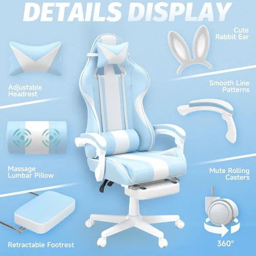 Miniatura 5 de Ferghana Kawaii - Silla de juegos azul claro con orejas de conejo, ergonómica y bonita silla para jugadores con reposapiés y masaje, silla