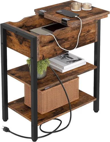 Miniatura 13 de HOOBRO - Mesa auxiliar lateral, mesa de centro abatible con estación de carga y estantes, puertos USB y tomas de corriente, mesita de noche estrecha
