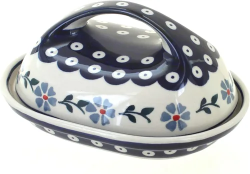 Blue Rose Polish Pottery - Mantequillera azul violeta con asa, se adapta a 1 barra, mantequillera para organización y almacenamiento de encimera