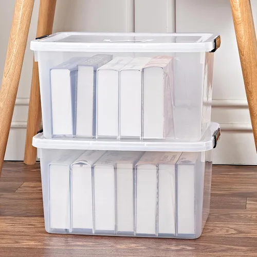 Miniatura 7 de Contenedores de almacenamiento de plástico de 19 cuartos de galón con tapas, paquete de 6 cajas organizadoras apilables transparentes con asa