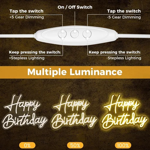 Miniatura 4 de Letrero de neón de feliz cumpleaños, luz regulable, funciona con USB, lindo letrero de neón blanco cálido para colgar en la pared de fondo