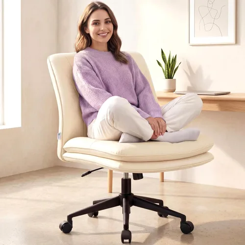 Miniatura 9 de NYPOT Silla de escritorio sin brazos con ruedas para sentarse entrecruzada, silla sin brazos anchos con patas cruzadas, taburete giratorio ajustable