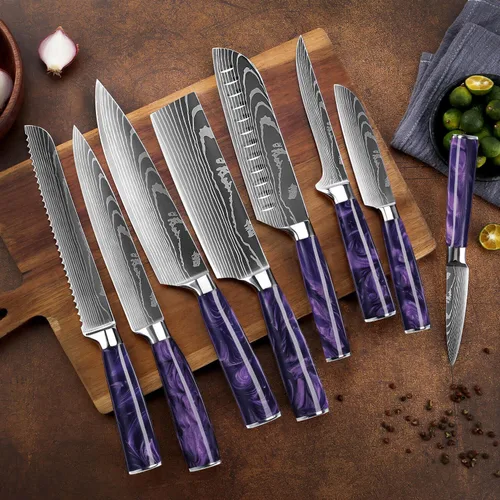 Miniatura 2 de Juego de 8 cuchillos japoneses SENKEN con mango de resina púrpura y patrón láser damasceno - Colección Amatista - Cuchillo de chef, cuchillo
