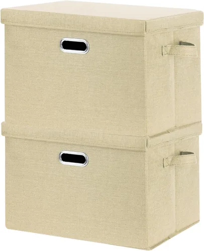 Miniatura 8 de SNWDN Paquete de 3 contenedores plegables de tela con tapas, caja de almacenamiento de tela con tapas para uso doméstico y de oficina