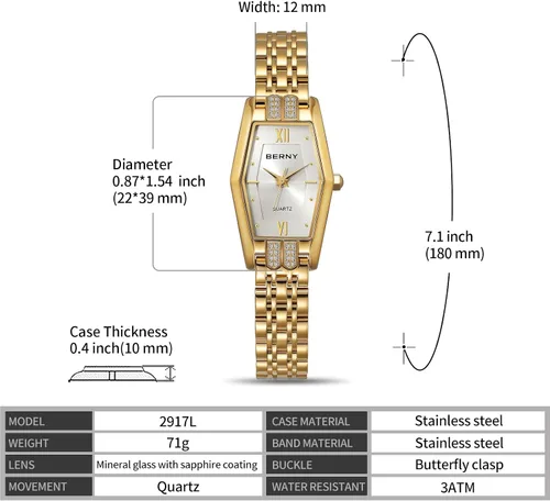 Miniatura 6 de BERNY Relojes de oro para mujer, delicado hexágono, reloj de pulsera de cuarzo para mujer, correa de acero inoxidable, reloj analógico de moda