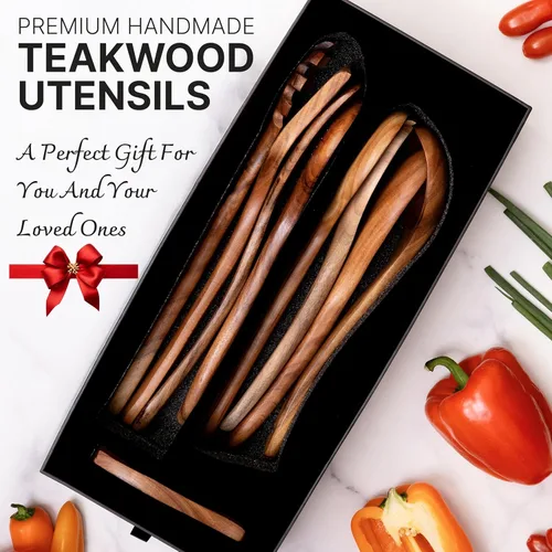 Miniatura 2 de Juego de utensilios de cocina de madera, 9 piezas, cucharas de cocina de madera de teca, resistentes al calor, antiarañazos, herramientas de cocina