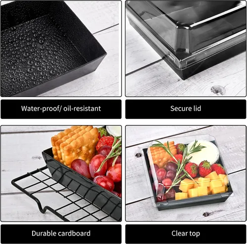 Miniatura 4 de Ocmoiy Cajas pequeñas de charcutería con tapas transparentes, recipientes de papel desechables para alimentos para llevar, cajas de postre de Negro