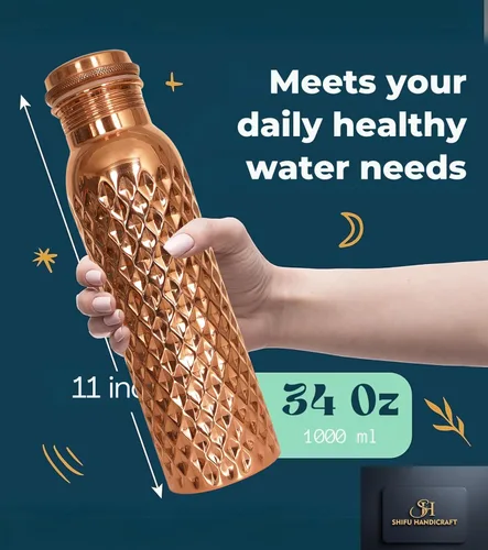 Miniatura 4 de Botella de agua de cobre de 34 onzas, botella de agua grande de cobre para beber, recipiente multicolor ayurvédico 100 % puro para botella de tapa a