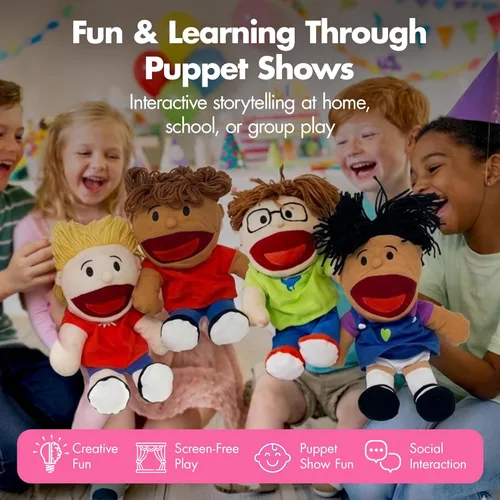 Miniatura 2 de Podzly Marionetas de mano para niños, paquete de 8 marionetas multiculturales de felpa con boca móvil, juego de marionetas divertidas y coloridas