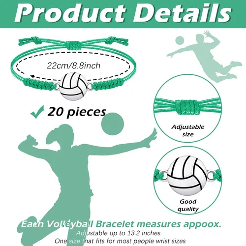 Miniatura 58 de 20 pulseras de voleibol ajustables, cuerda trenzada con dije de voleibol para niñas, mujeres, hombres, adolescentes, la mayoría de jugadores