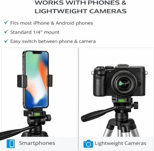 Miniatura 7 de Acuvar Trípode de teléfono de 50 pulgadas con soporte giratorio, filmación vertical y horizontal para iPhone y Android, trípode ligero de aluminio