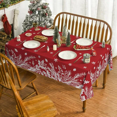 Miniatura 2 de Horaldaily Mantel de Navidad rectangular de 60 x 84 pulgadas, diseño de hojas florales, lavable, para decoración de fiestas, pícnic, cenas Rojo