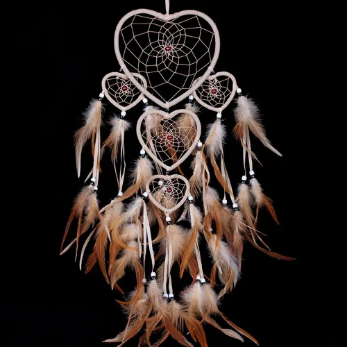 WESTONETEK Atrapasueños grande hecho a mano, diseño tradicional de plumas para colgar en la pared, adornos de cinco corazones, color beige
