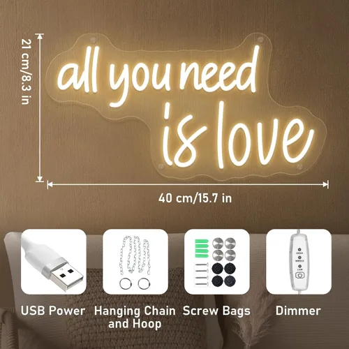 Miniatura 4 de Letrero de neón con texto en inglés «All You Need Is Love» de neón para boda, alimentado por USB, tres luces ajustables «All You Need Is Love»