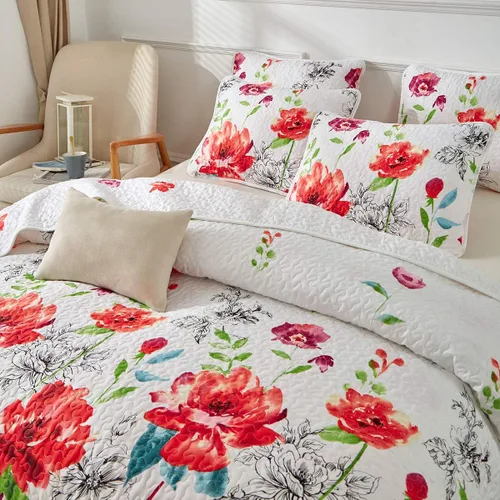 Miniatura 3 de UOZZI BEDDING - Juego de colcha reversible de 3 piezas, tamaño king, diseño floral, color blanco, rojo, verde y multicolor, suave microfibra ligera
