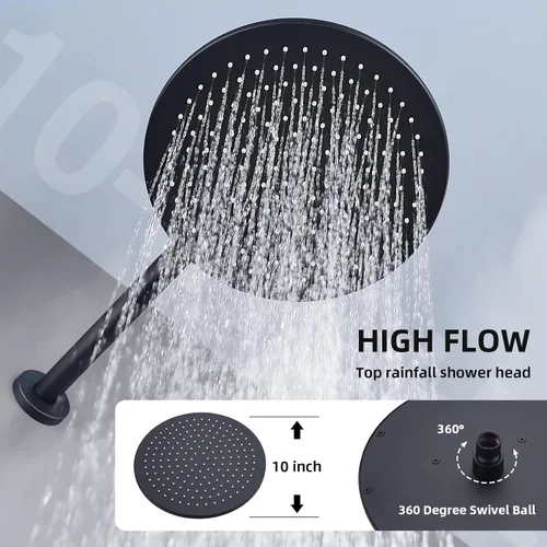 Miniatura 5 de TRUSTMI Sistema de ducha negro mate de 10 pulgadas, desviador de botón desviador montado en la pared redonda de lluvia y ducha de mano con válvula