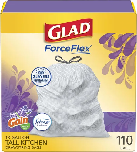 Glad ForceFlex - Bolsas de basura altas con cordón para cocina, 13 galones, lavanda Gain, 110 unidades (el paquete puede variar)
