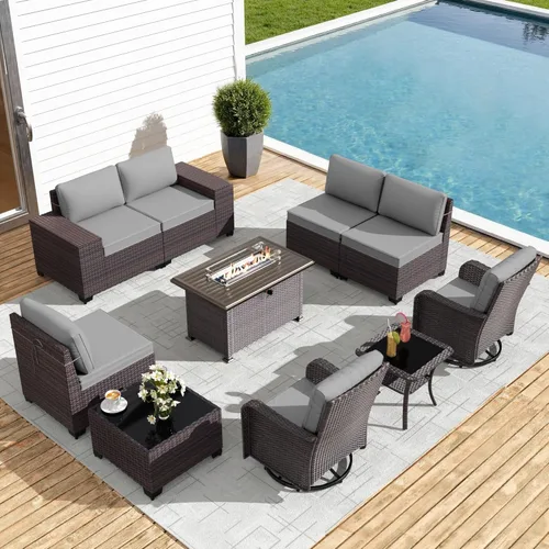 Miniatura 22 de Gotland Juego de muebles de patio de 8 piezas con mesa con fogón, muebles de ratán para exteriores para todo tipo de clima con respaldo alto de 2
