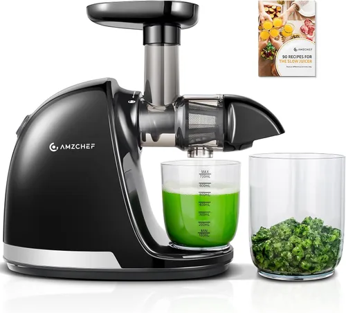 Máquinas de exprimir por prensa fría, exprimidor de masticación lenta AMZCHEF con función inversa, alto rendimiento de jugo, fácil de limpiar con