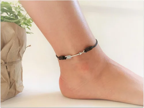 Miniatura 4 de Tobillera de flecha para mujer, pulsera de tobillo de cuero natural con cuentas de madera