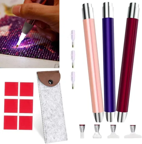 VAVCASE Bolígrafo de pintura de diamante con luz, 3 herramientas de pintura de puntos de diamante, herramientas de pintura de arte de diamante, 4