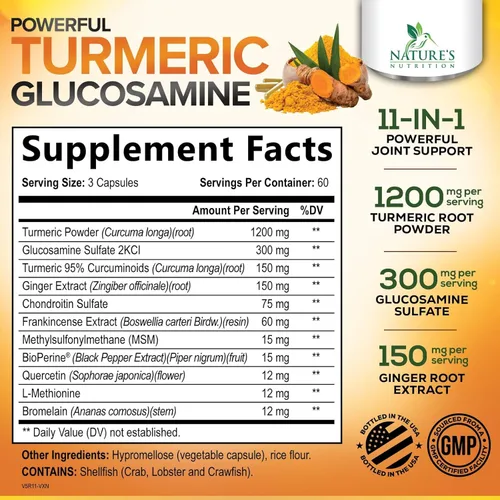 Miniatura 2 de Suplemento de Cúrcuma Curcumina 2000mg - 95% Curcuminoides con Glucosamina, Jengibre y MSM, Pimienta Negra BioPerine para Mejor Absorción, Soporte
