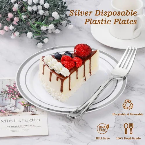 Miniatura 2 de BESTVIP 100 platos de plástico plateados, platos desechables de 10.25 pulgadas para fiesta con borde plateado para Navidad, Acción de Gracias