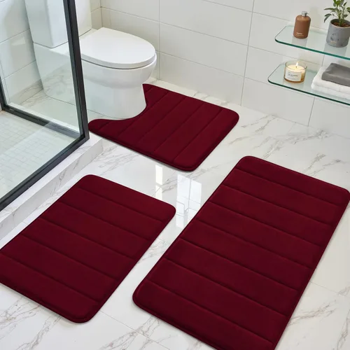 Miniatura 9 de BYSURE Juego de 3 tapetes de baño de espuma viscoelástica color gris, antideslizantes, extra suaves, absorbentes, lavables a máquina y secos